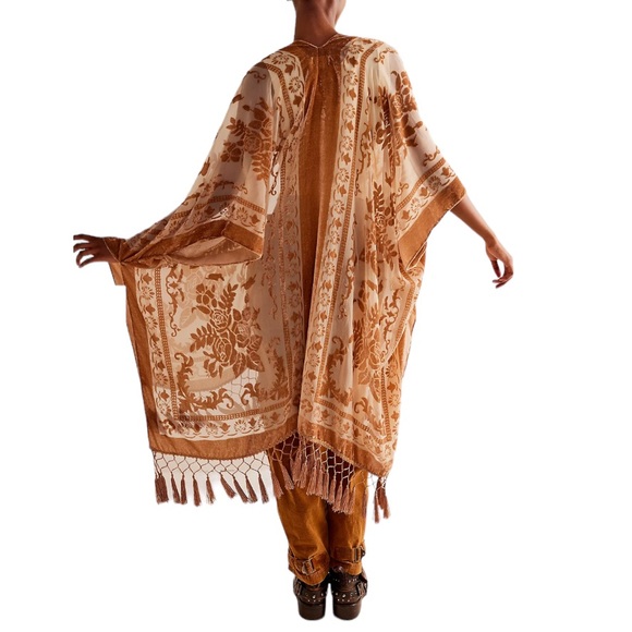 Free People Tops - Free People Nightbird Burnout Floral Print Velvet Kimono - Warm Sand Beige